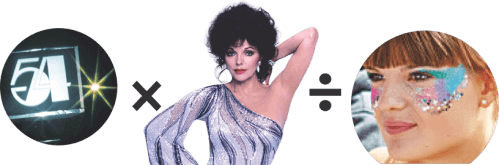 Composite image of a Studi 54 sign, Joan Collins, a girl wearing glittery makeup