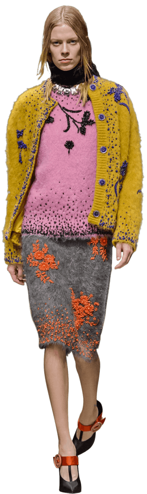 Model wearing Prada cardigan, jumper and skirt